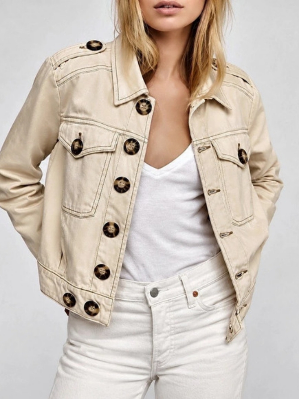 FREE PEOPLE ~ Imogene Double Breasted Denim Jacket Cream